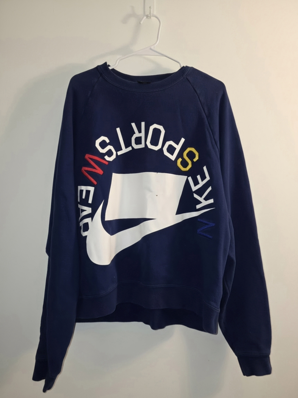 Nike Navy Crewneck Sweatshirt with Multicolor Lettering and White Swoosh